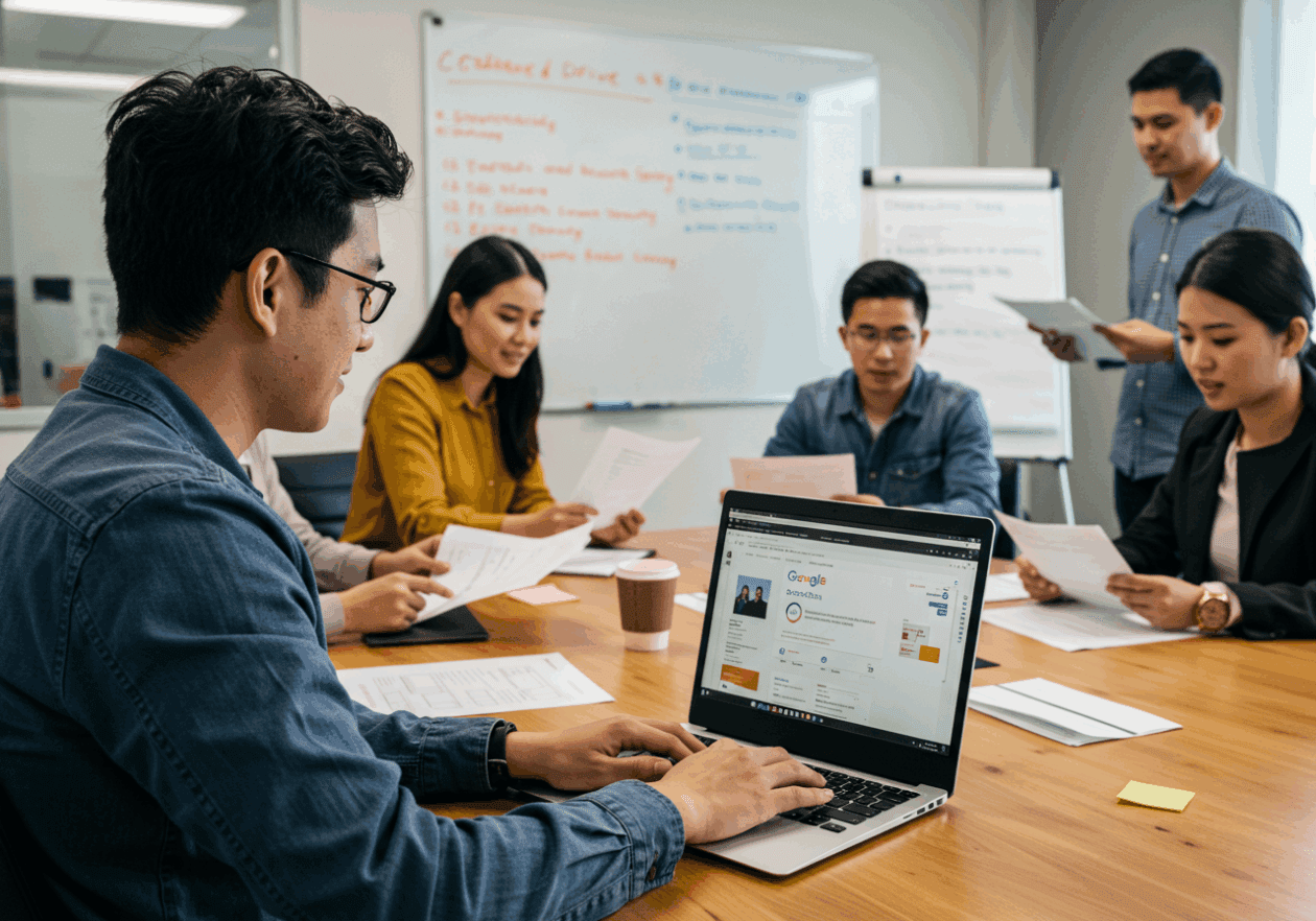 A team of professionals collaborating in a modern office, with one person using a laptop showcasing Google Drive, while others review documents and a whiteboard outlines standardized file naming conventions.