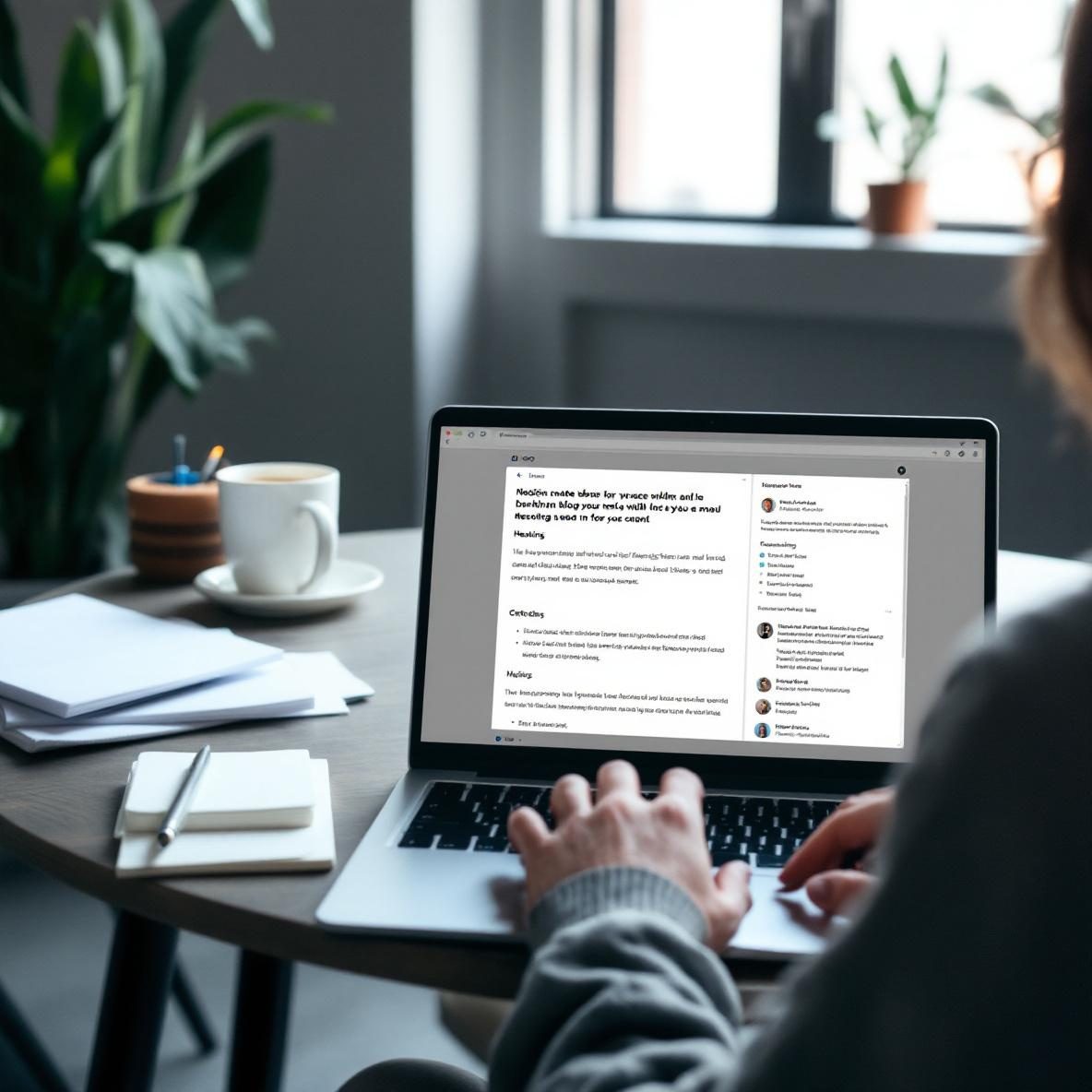 A person focused on writing a blog post using Notion on their laptop at a well-lit workspace, with notes and a coffee cup nearby, showcasing a productive atmosphere.