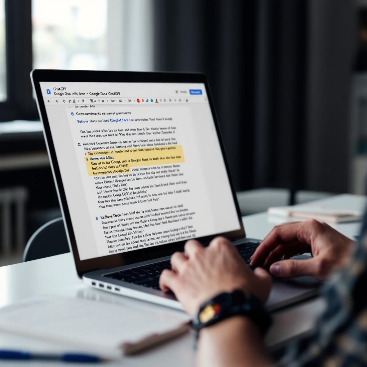 A person at a desk using a laptop with Google Docs open, showing comments being summarized with ChatGPT. The workspace is brightly lit, with a notepad and pen in view, emphasizing a productive work environment.