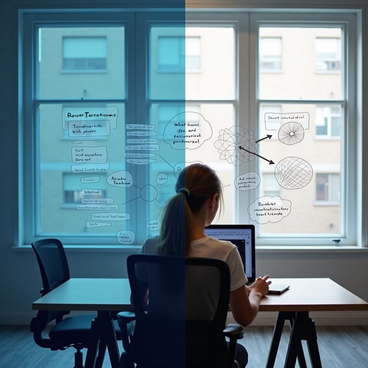 A person working at a modern desk with a laptop, comparing the digital interfaces of Tana and Roam Research side by side. Tana displays a sleek interconnected note layout on the left while Roam showcases a graph-like structure of linked ideas on the right. The office has a bright, inviting atmosphere with natural light coming through a large window.
