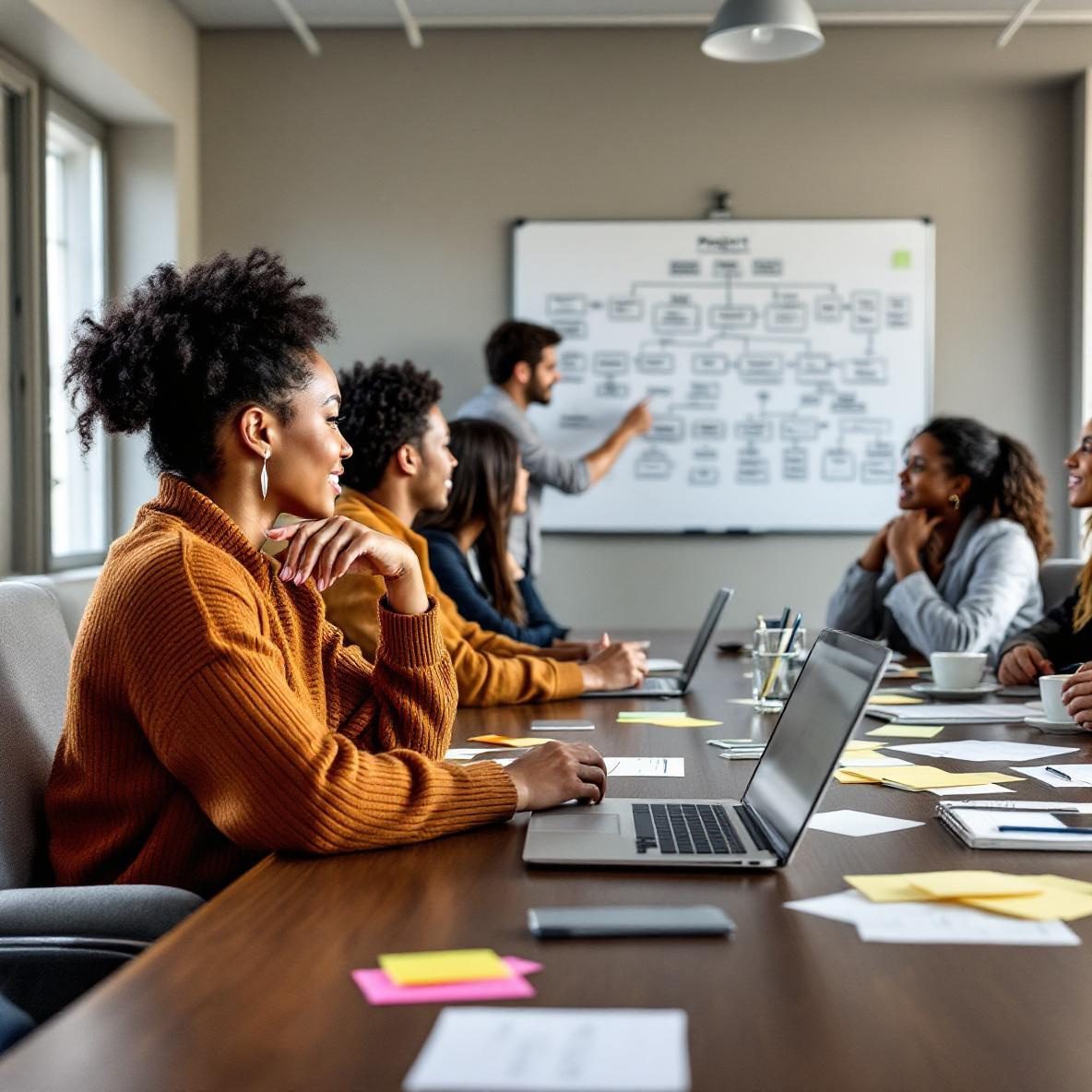 A diverse team of professionals in a meeting room, discussing task delegation with a laptop open to a project management tool and a flowchart on a whiteboard.