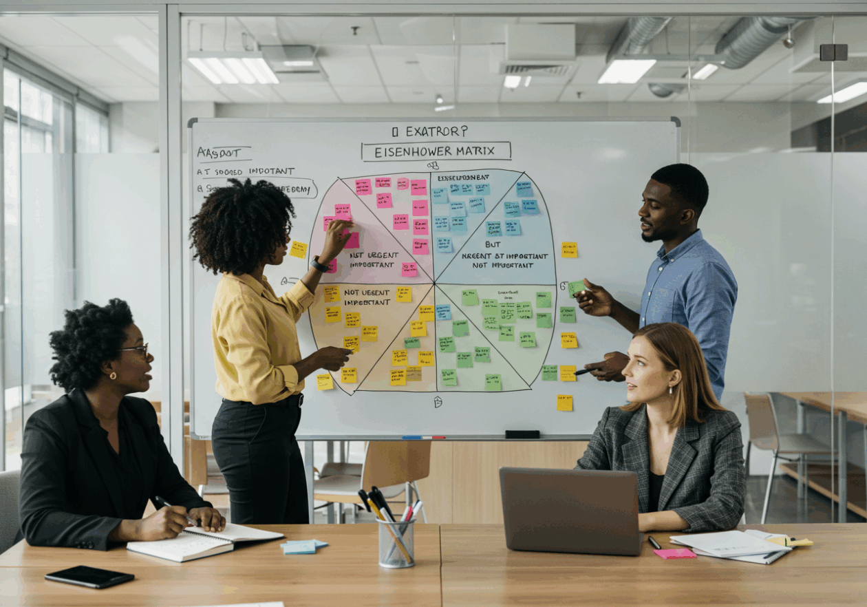 A diverse group of professionals engaging around a whiteboard displaying the Eisenhower Matrix, organizing tasks into quadrants. The workspace is bright and modern, with sticky notes being placed in the matrix as they discuss prioritization strategies.