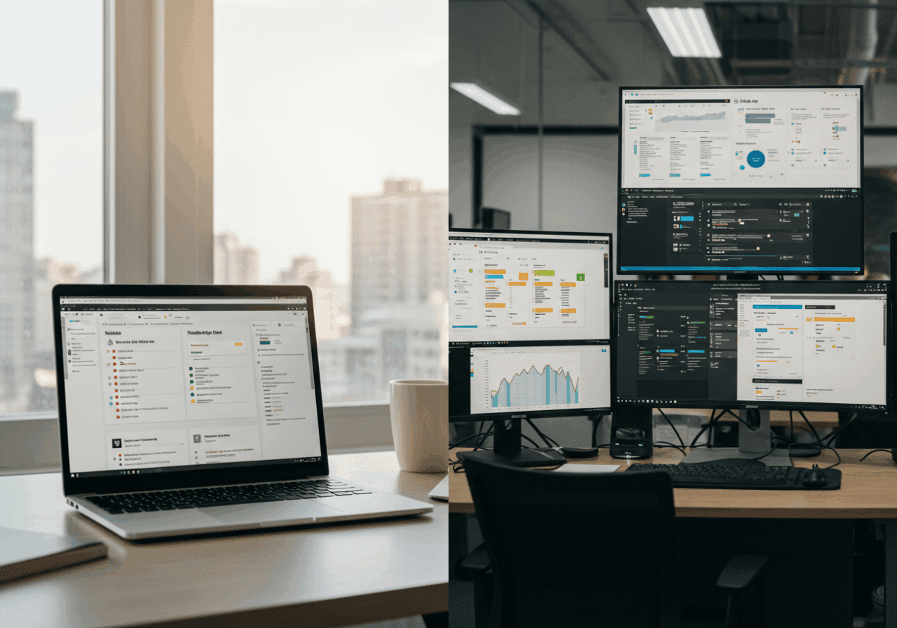 A split-screen image showing two contrasting office environments: on the left, a clean and minimalist workspace featuring a laptop with the Taskade interface displaying a simple task list. On the right, a bustling office with multiple screens showcasing the ClickUp dashboard filled with various project boards, reflecting complex enterprise task management.