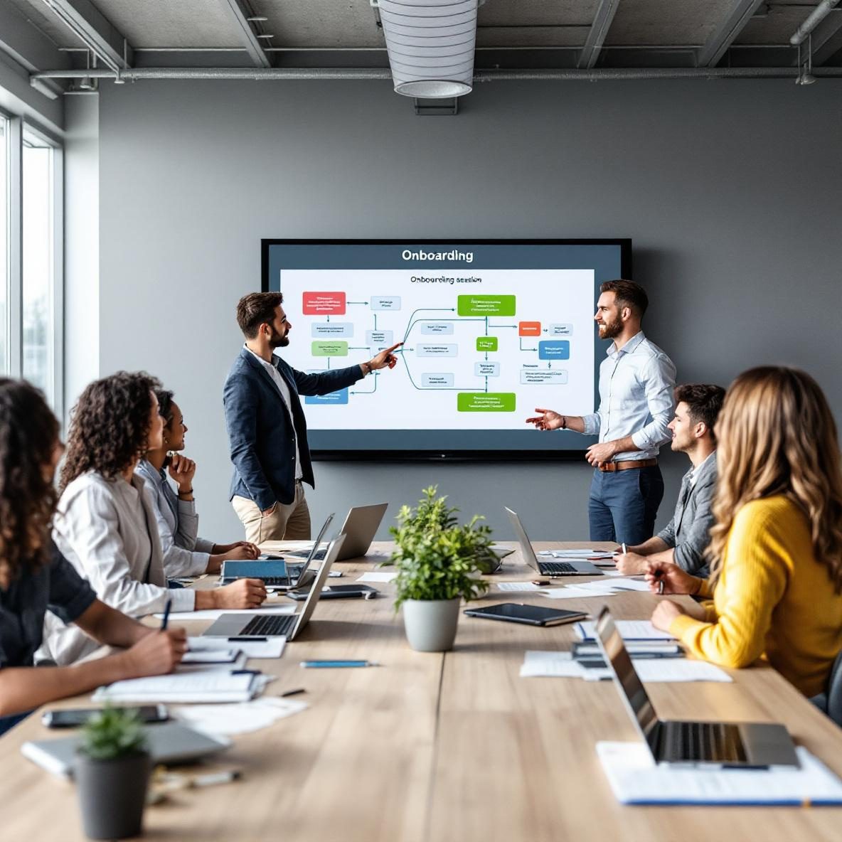 A diverse team of new employees participating in an onboarding session in a modern office meeting room, with a facilitator presenting a digital onboarding workflow graphic on a screen. Employees are engaged with laptops and notebooks, fostering a collaborative learning atmosphere.