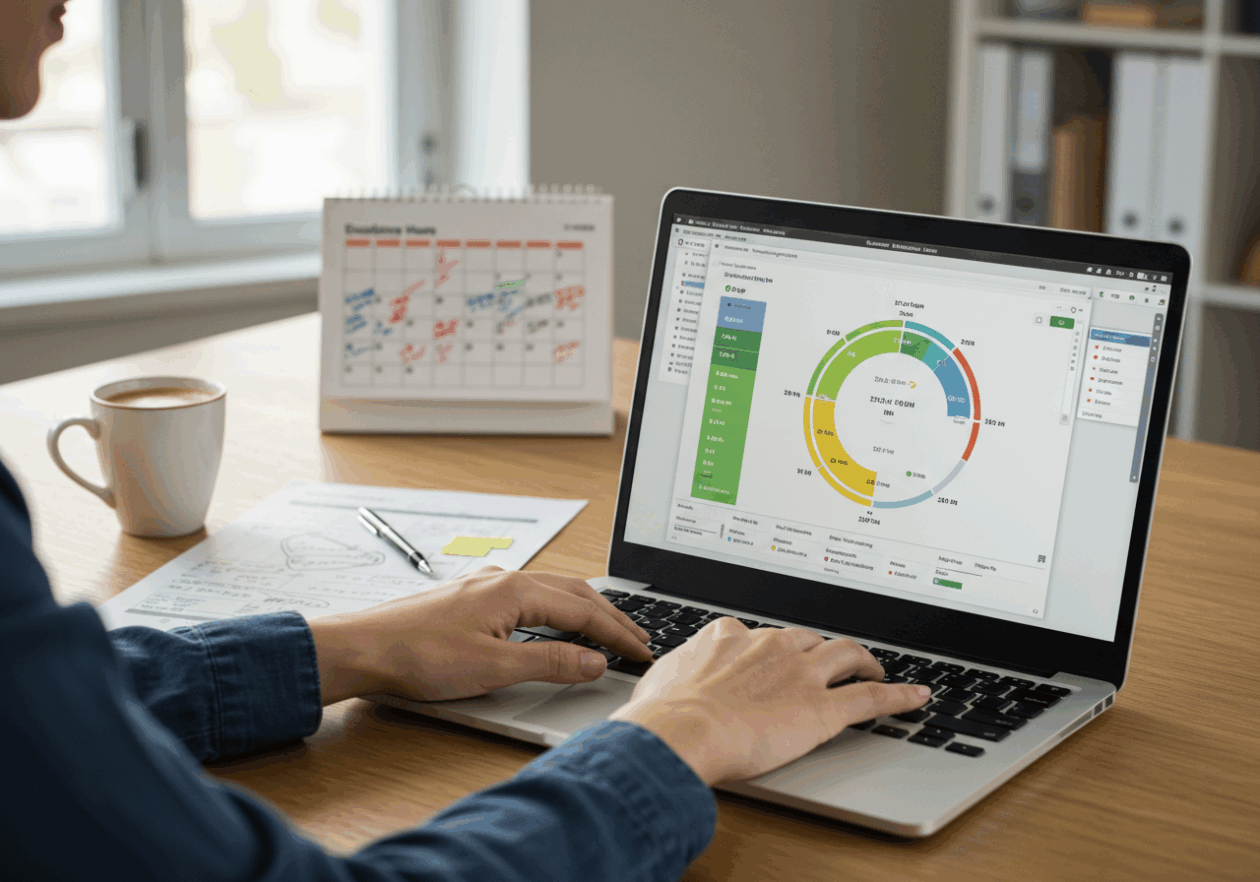 A focused individual at a modern desk using a laptop with time-tracking software open, displaying billable hours. A printed timesheet and a coffee cup are visible on the desk, along with a calendar on the wall highlighting important deadlines, indicating a diligent approach to managing time for accurate billing.