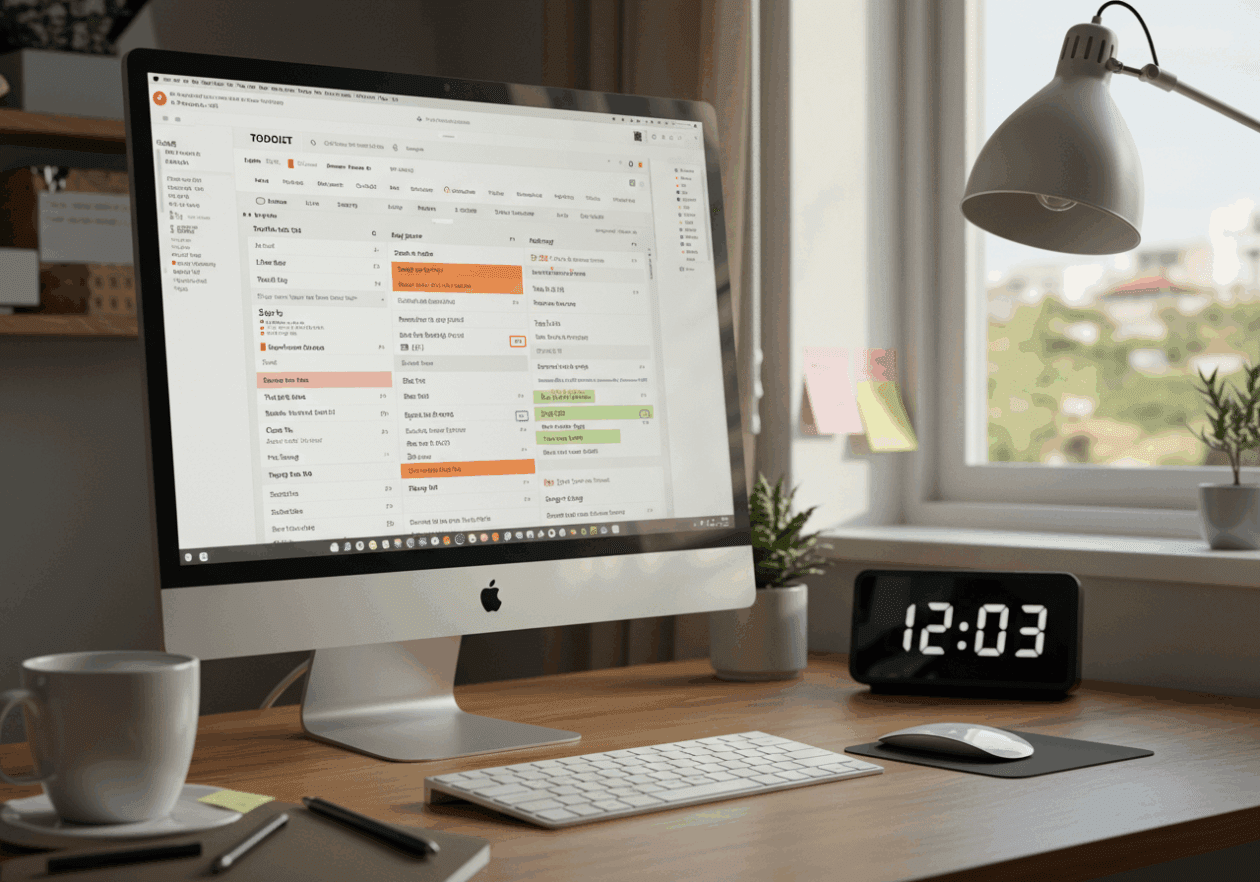 A computer screen showing the Todoist app with a list of today's important tasks organized by priority, set in a tidy home office with natural light and a digital clock indicating morning.