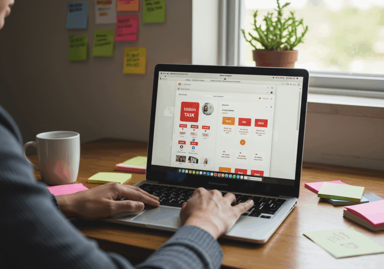 A person sitting at a wooden desk, focused on their laptop that shows the Todoist app with highlighted priority flags. The desk is adorned with sticky notes and a coffee mug, with sunlight streaming in from a nearby window, creating a vibrant atmosphere of productivity.