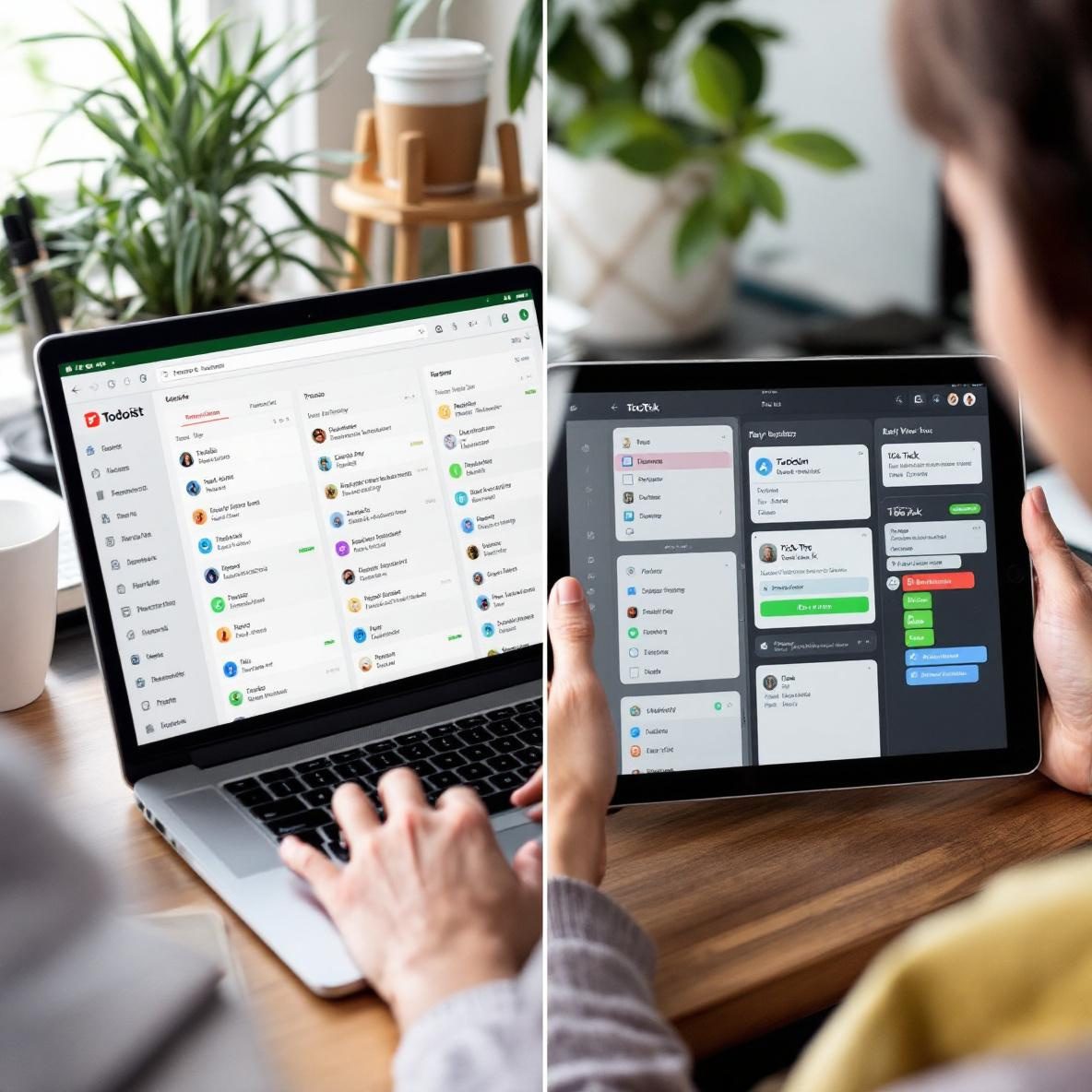 A workspace displaying both Todoist and TickTick productivity applications on a laptop and tablet. The Todoist screen shows a task list with due dates in red and white, while the TickTick screen in dark mode illustrates a calendar view. A person is actively using the laptop, comparing the two apps, with a plant and coffee cup adorning the desk.