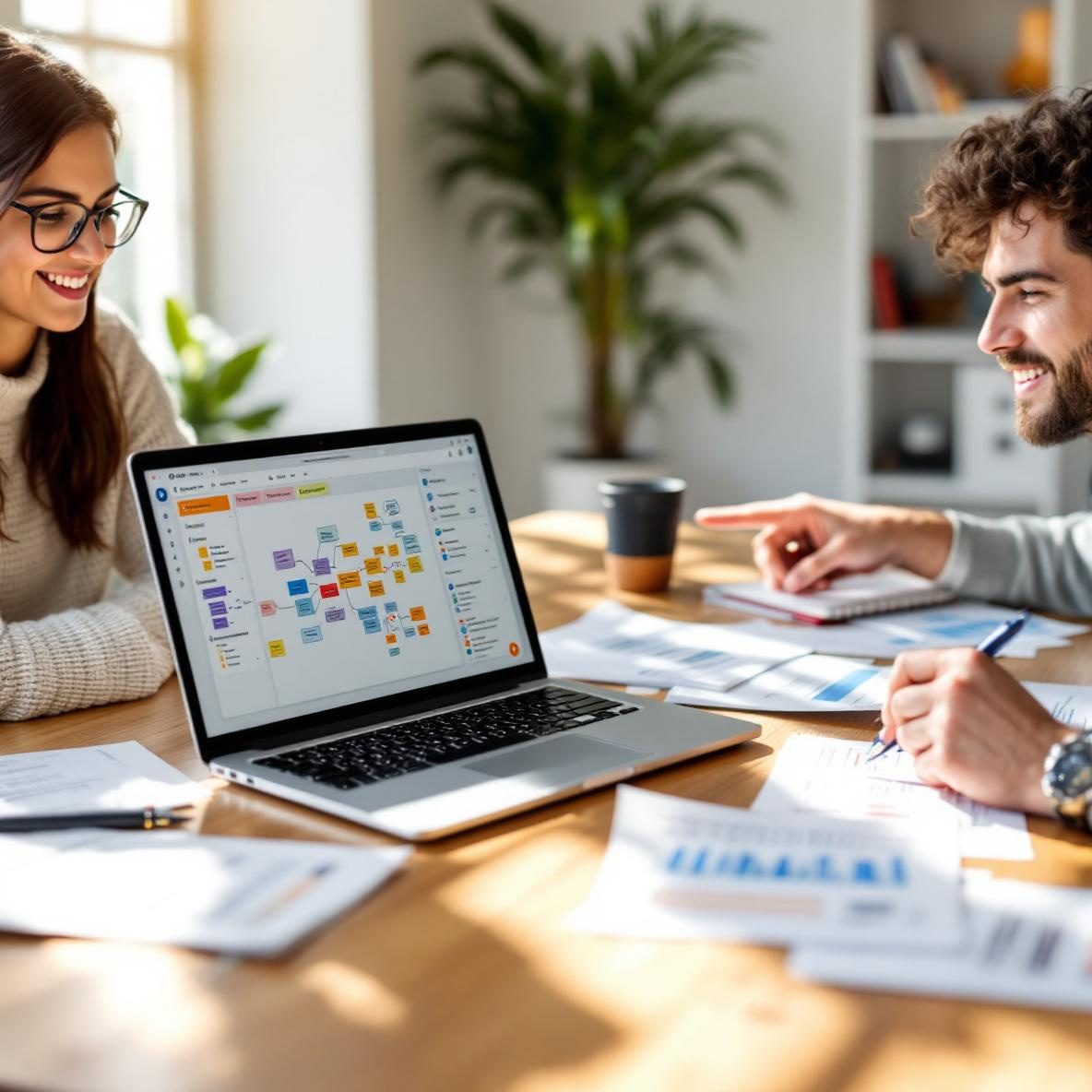 A collaborative brainstorming session in a bright office, featuring a laptop displaying the Notion interface filled with notes. Two individuals, a woman taking notes and a man discussing ideas, engage around a wooden table, surrounded by printed documents and sunlight coming through a window.