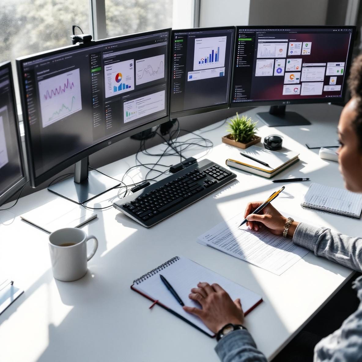 A person sitting at a modern desk in a bright office, focused on writing. Multiple computer screens display tools such as Notion and Google Docs, while notebooks and a coffee cup are nearby, creating a lively scene of productivity in research and writing.