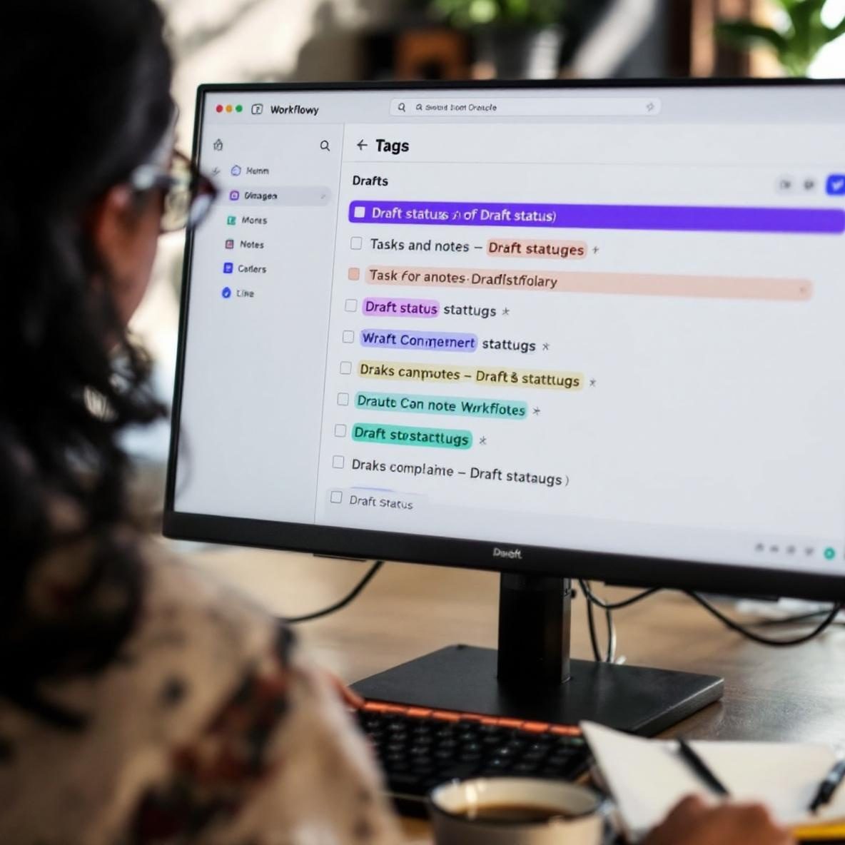 A close-up view of a computer screen with the Workflowy interface, showcasing a structured layout of tasks tagged by their draft statuses. An office worker reviews the information, with a notepad and a cup of coffee on the desk, surrounded by a bright and professional workspace.