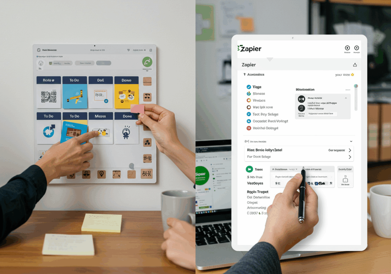 A split view of task management tools where one side shows a user manipulating a Trello board with task cards being moved between columns, and the other side displays a user configuring automations on Zapier with visible connections between tasks.