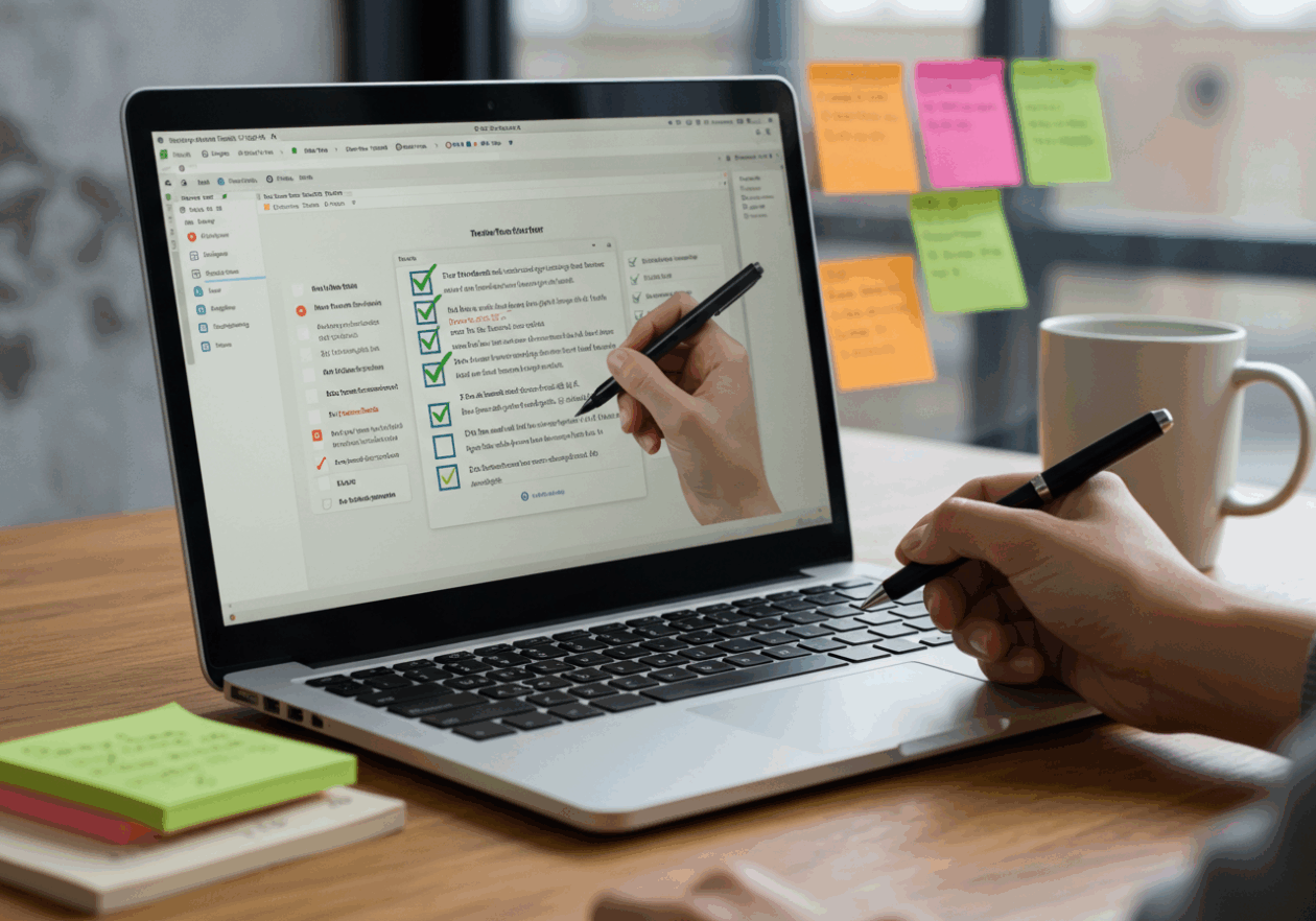 A laptop displaying a Trello board with a checklist in a modern workspace. A hand checks off a completed task with a pen. The scene includes sticky notes and a coffee mug, reflecting an organized work environment focused on task management.