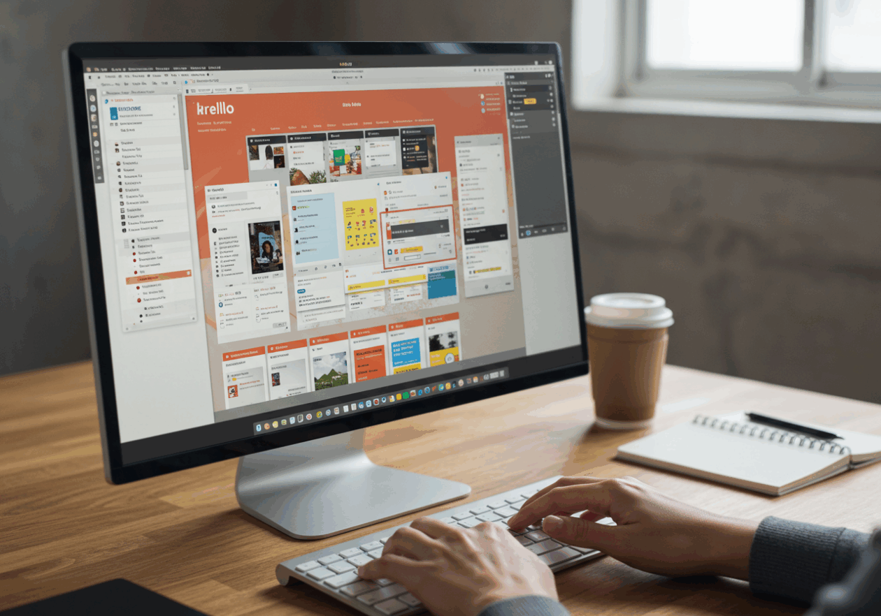 A user typing keyboard shortcuts on a modern keyboard with a Trello board visible on their computer screen, showcasing vibrant lists and cards as they navigate through the application efficiently in their workspace.
