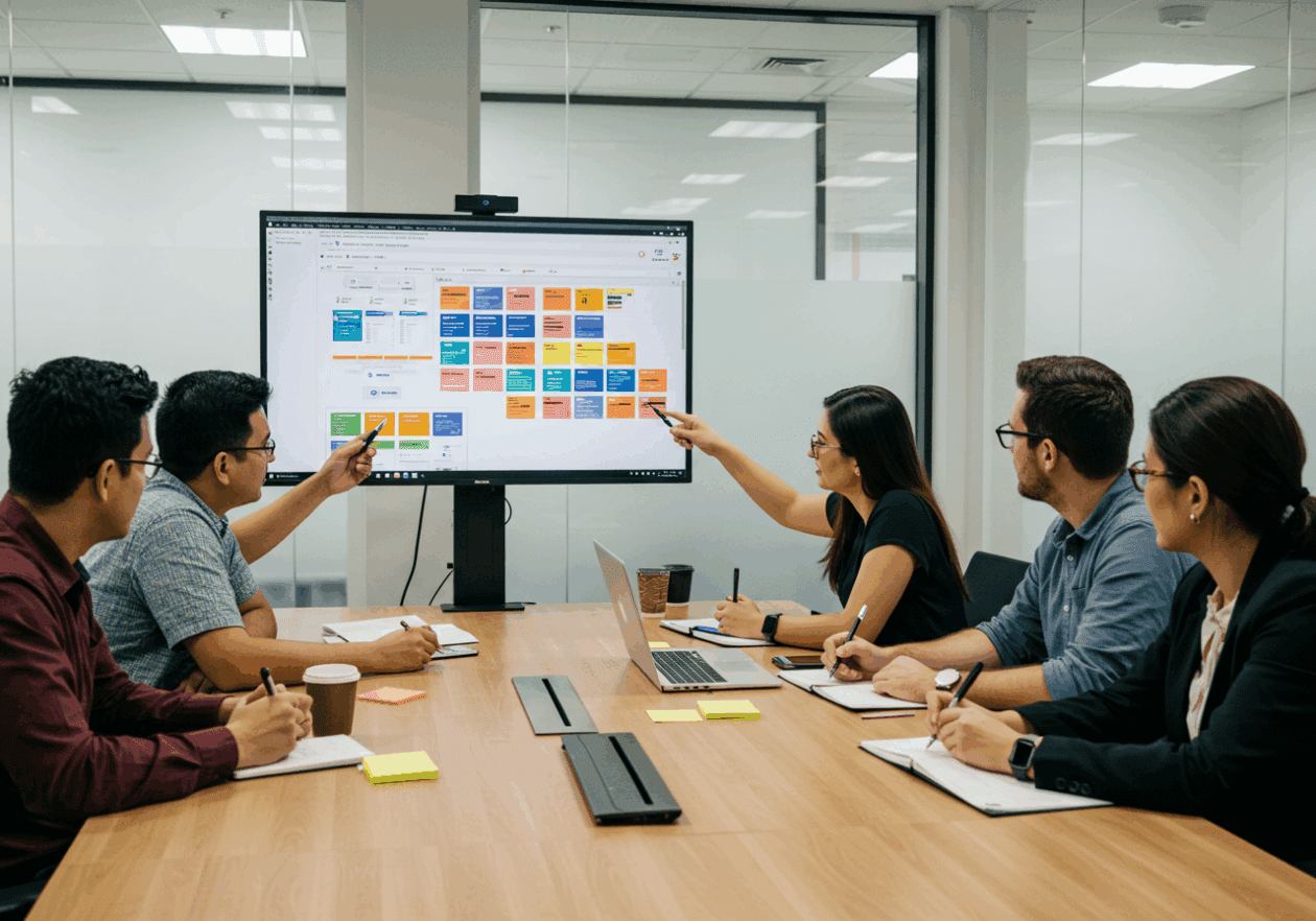 A diverse group of professionals collaborating in an office setting, discussing a Trello board displayed on a screen. The board features colorful task cards, and team members are actively engaging with each other, highlighting their teamwork and utilization of Trello for effective project management.
