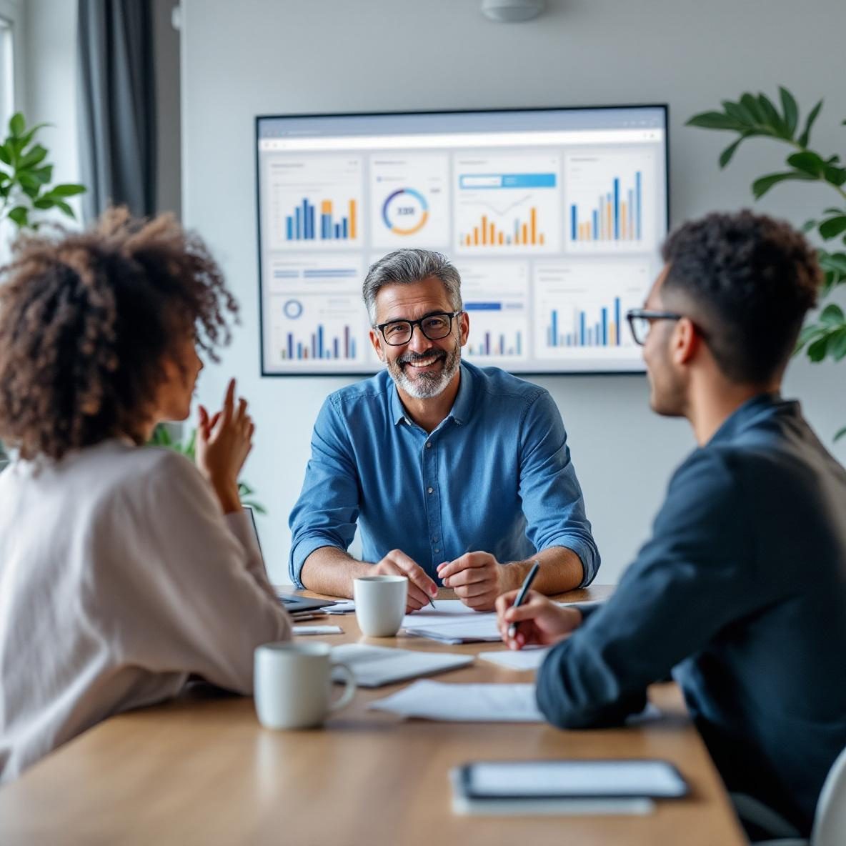 In a bright, modern office, a diverse team discusses insights gathered from customer interviews. A woman takes notes on a laptop while a man analyzes data on a large screen. Other team members collaborate nearby, creating a sense of teamwork and engagement in a professional setting.