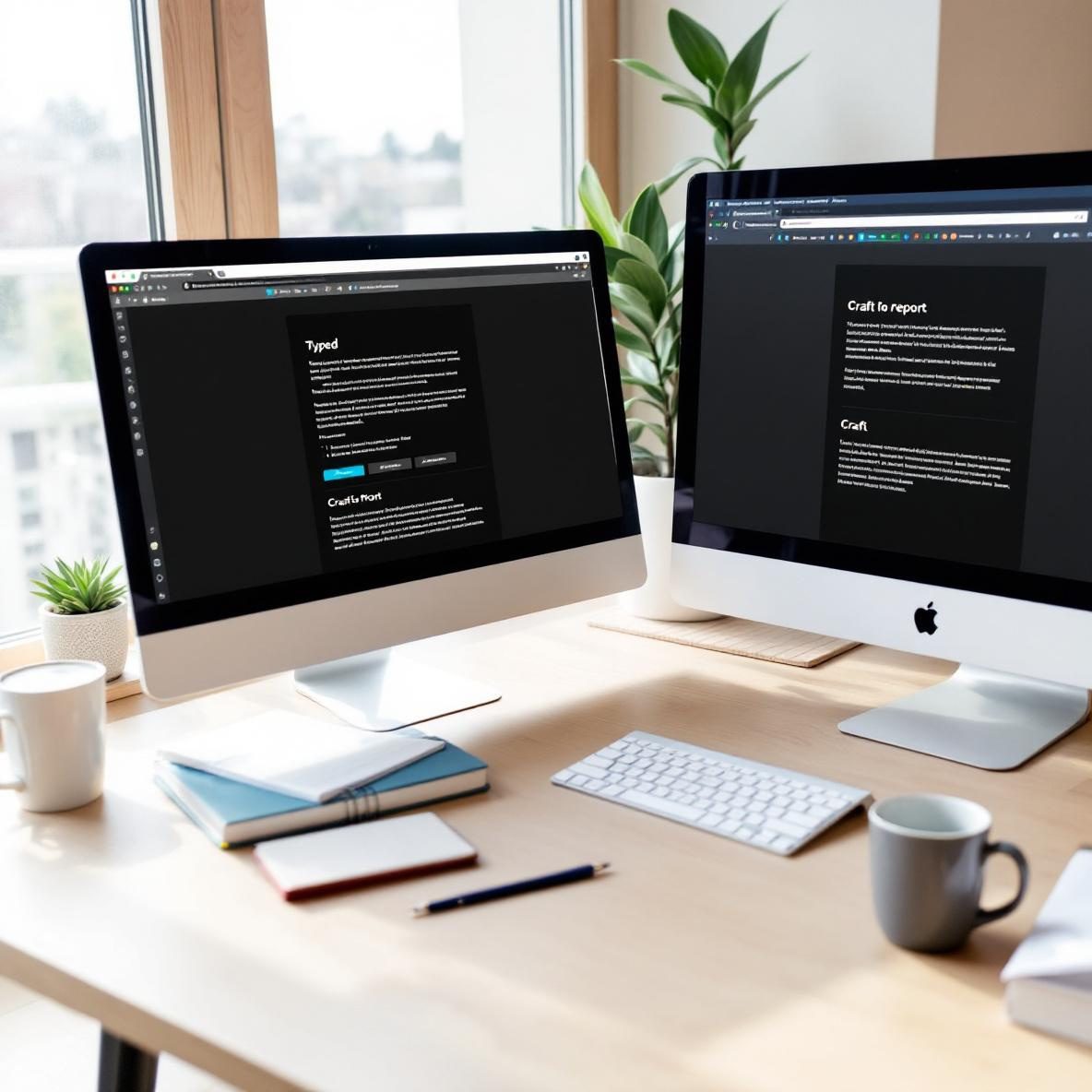 A workspace with two computer screens side by side; one screen shows the Typed writing app and the other displays the Craft app. The desk is adorned with a notepad, a pencil, and a coffee cup, illuminated by soft natural light from a window, creating an inviting environment for writing reports.