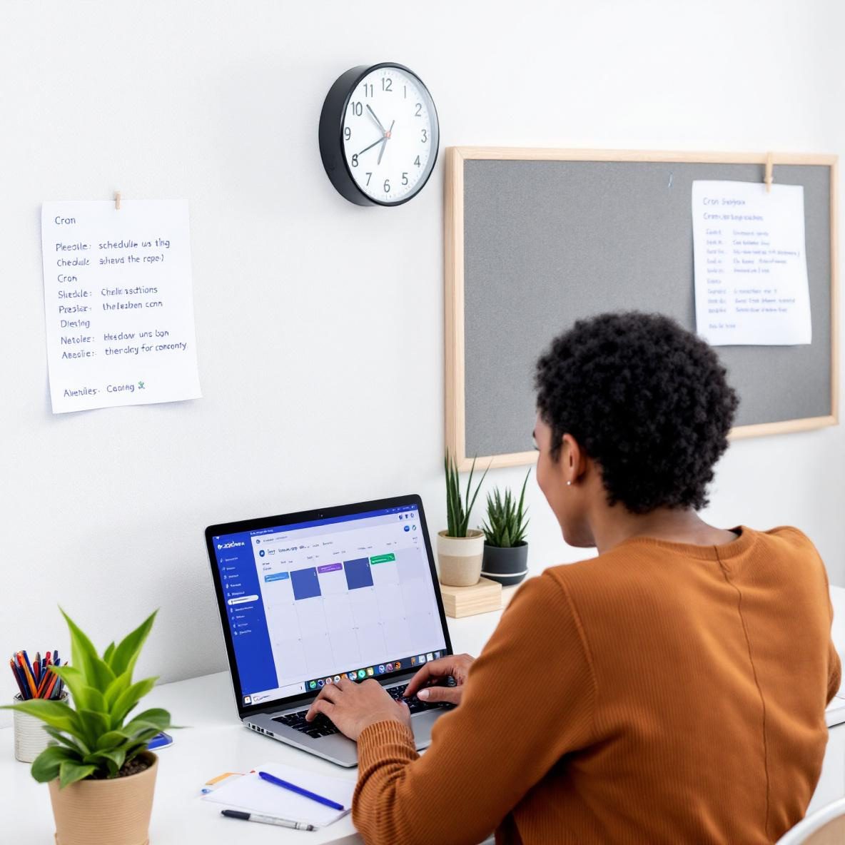 A person focused on a laptop displaying the Notion calendar for scheduling tasks, with a wall clock and a printed Cron schedule in a stylish office, emphasizing productivity.
