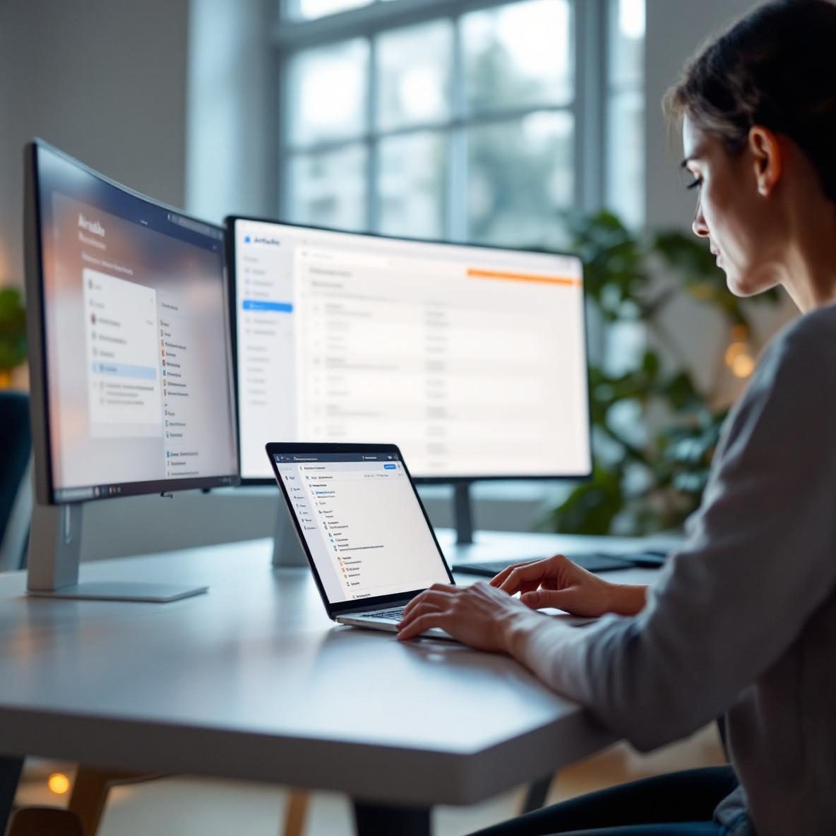A person sitting in a bright office workspace, composing outreach emails on a laptop. On a second monitor, the Airtable interface shows a table with contact details and email templates, while a plant decorates the desk.