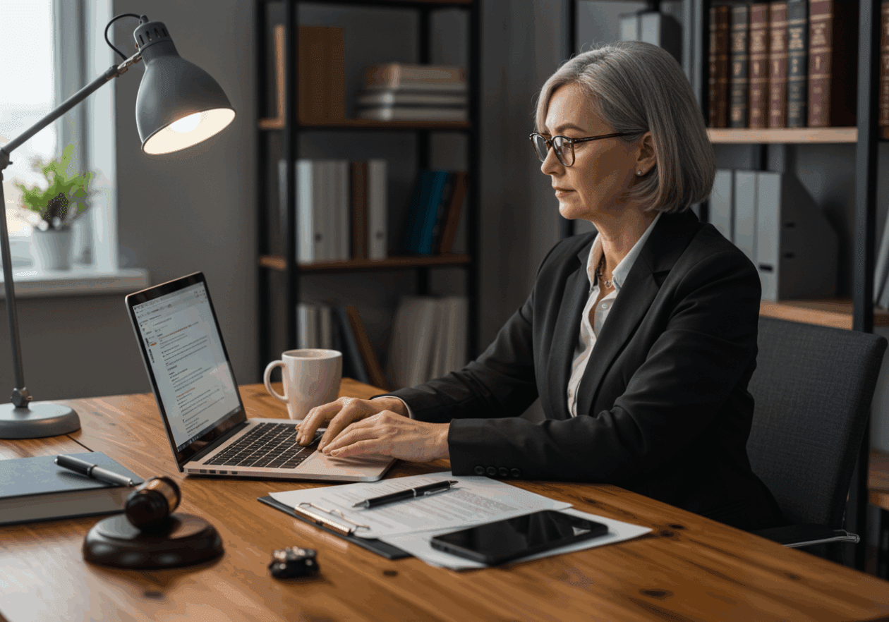 A professional female lawyer typing on a laptop, surrounded by legal documents in a modern office setting, as she rewrites legal clauses in a contract draft.