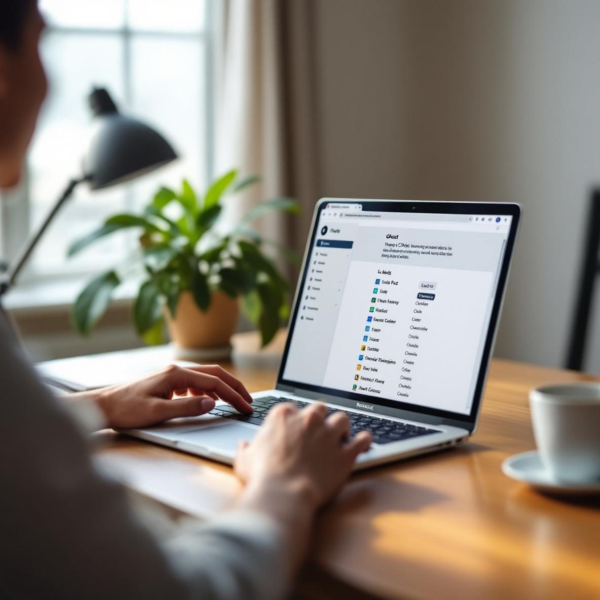 An organized workspace with a laptop showing the Ghost CMS interface, where a user is tagging and classifying a blog post. The scene includes a coffee cup and a potted plant, illuminated by natural light from a window.