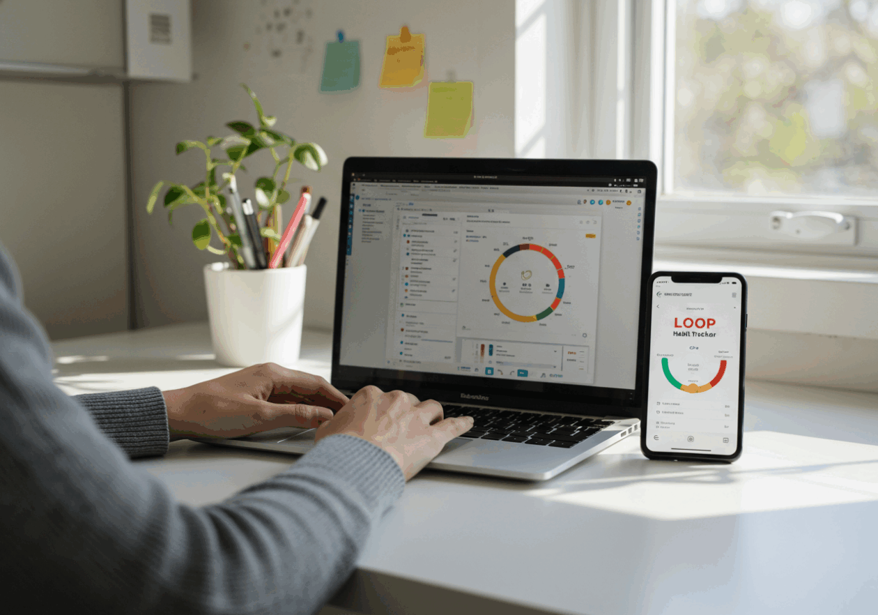 A person working at a desk with a laptop open to Notion, while a smartphone displaying the Loop Habit Tracker app is on the desk. The workspace is tidy and bright, with plants and stationery, reflecting a productive environment focused on progress logging.
