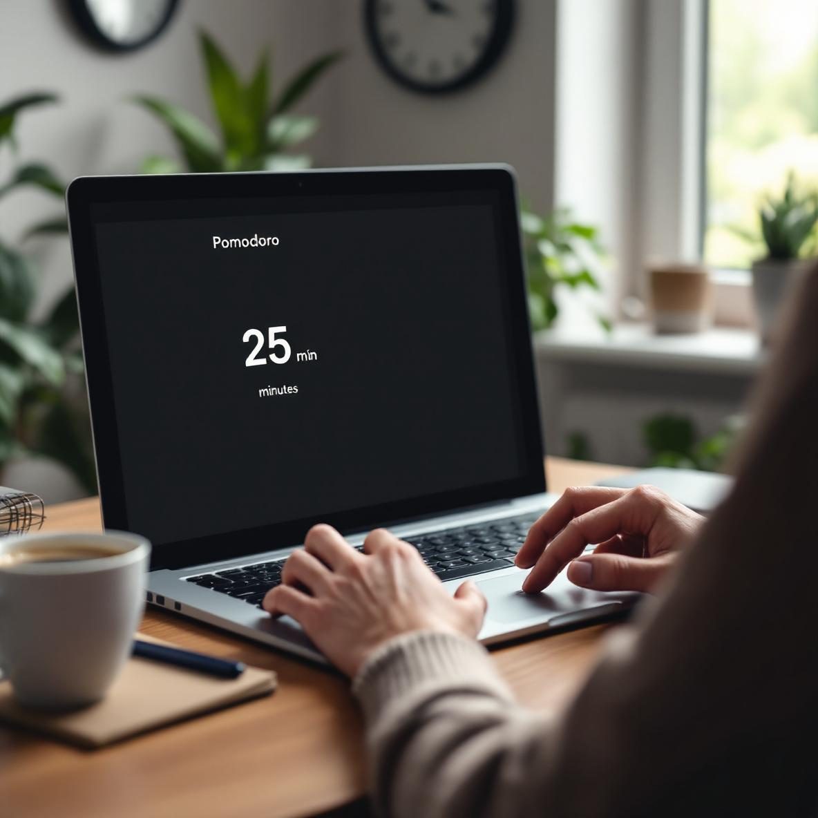 A person working in a home office on a laptop, utilizing the Toggl app to track Pomodoro sessions. The desk is organized with a cup of coffee and a notebook, while a wall clock indicates focused work time. The environment is bright and inviting, with houseplants creating a calming atmosphere.