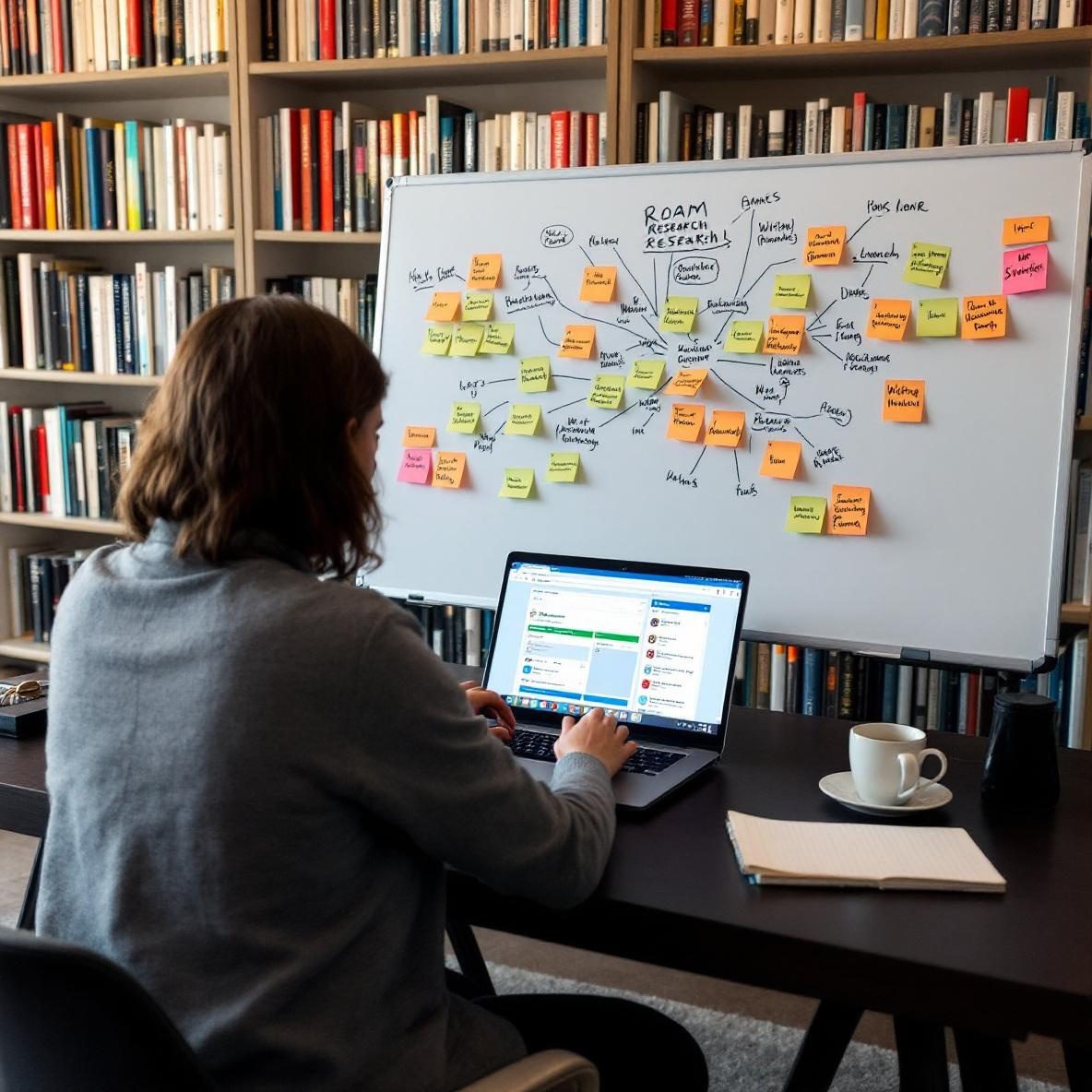 A person sitting at a contemporary desk, engaged in building a linked idea-to-publication system using Roam Research on their laptop. The desk is cluttered with sticky notes, a whiteboard showing organized thoughts, books about writing, and a coffee cup, illustrating a creative work environment.