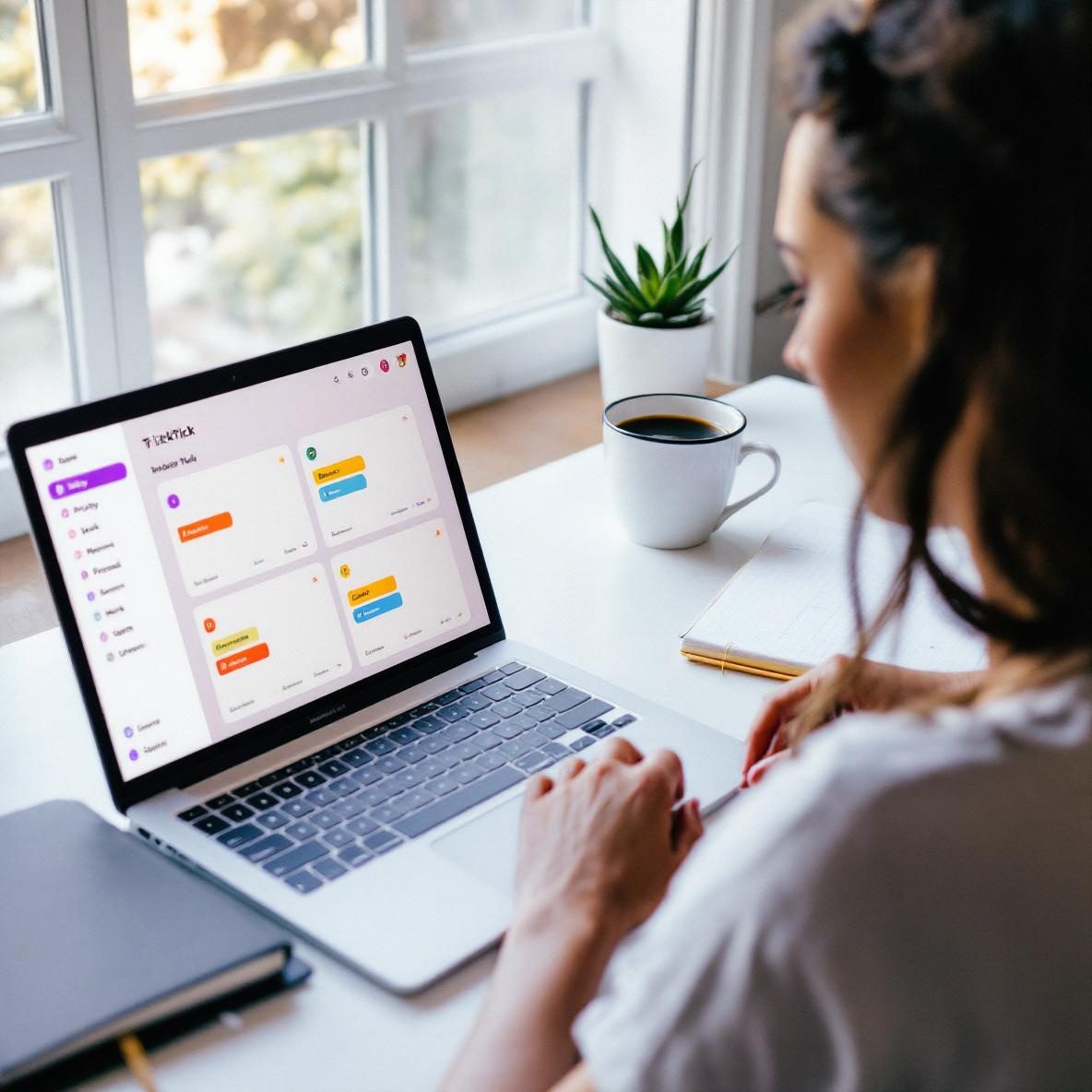 A person at a desk using a laptop with the TickTick application open, showing colorful tags for categorizing tasks. The workspace includes a planner, a cup of coffee, and a succulent plant, against a backdrop of soft natural light.