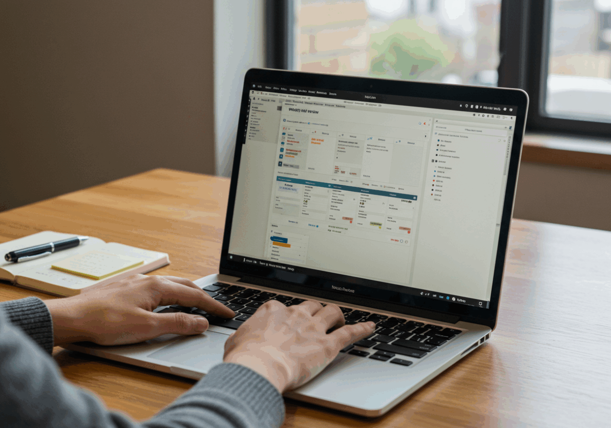 A laptop screen displaying the Notion application, showing a structured layout of a weekly review system with linked databases. A person's hands are positioned on the keyboard, and a notepad with a pen sits beside the laptop in a bright office space.