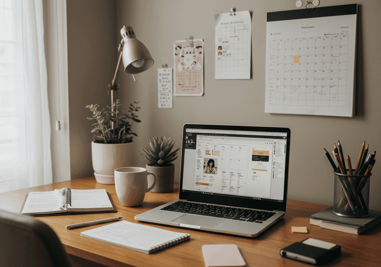 An inviting home office setup with a wooden desk displaying a laptop open to a task management app, a cup of coffee, and a weekly planner, surrounded by natural light and a wall calendar, illustrating an environment for a productive weekly review.