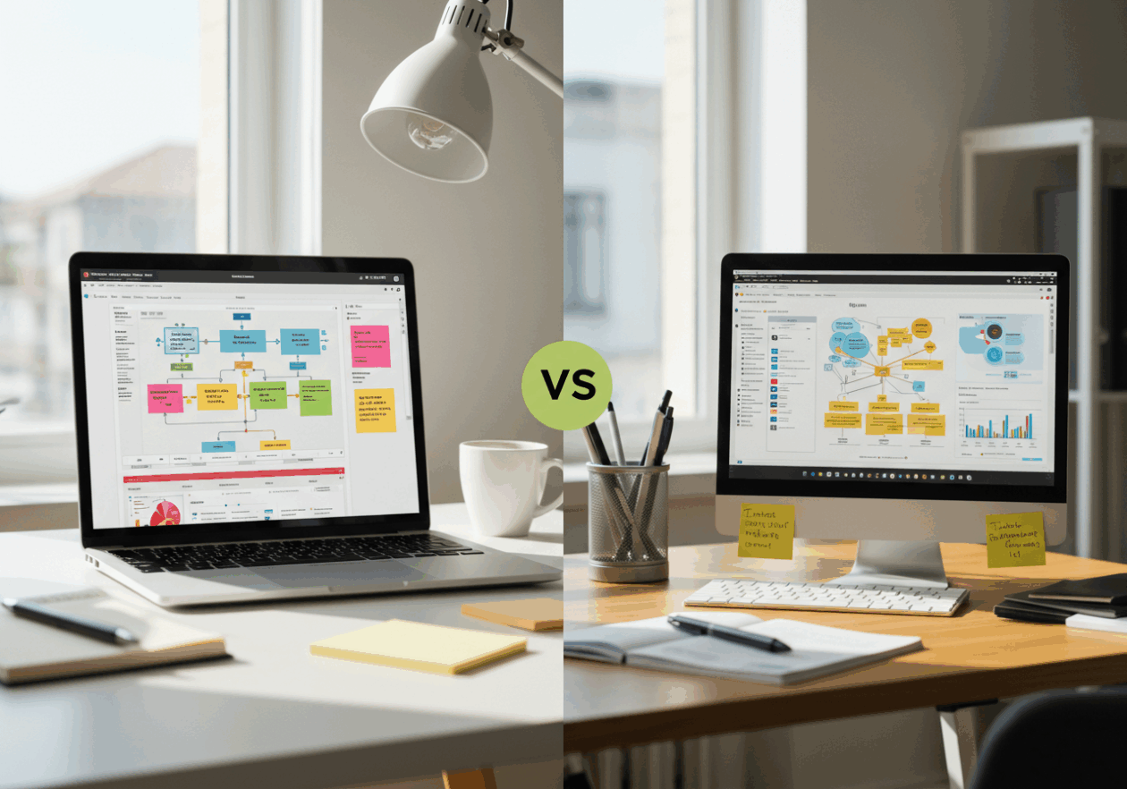 A split-screen image of a modern office workspace comparing the diagramming tools Whimsical and FigJam. The left side shows Whimsical's colorful flowcharts and sticky notes on a laptop, while the right side displays FigJam's collaborative diagrams, with both sides featuring a coffee cup, notepad, and pens, under natural sunlight.