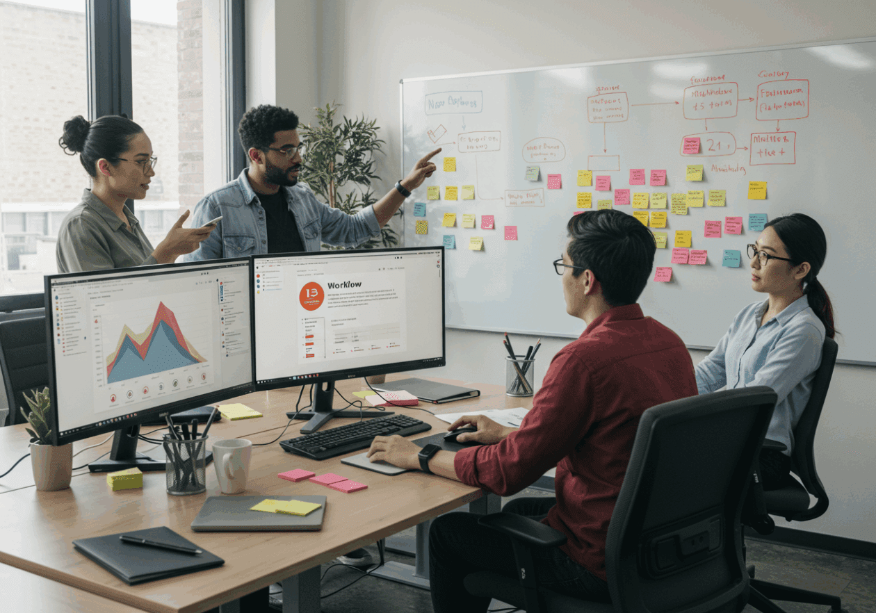 In a modern office, a diverse team of employees collaborates on workflow automation. One person is focused on dual monitors showing a workflow automation tool, while another points at a whiteboard filled with sticky notes and flowcharts. A third employee is taking notes on a laptop. The bright office features large windows and plants, illustrating an environment of teamwork and technological efficiency.