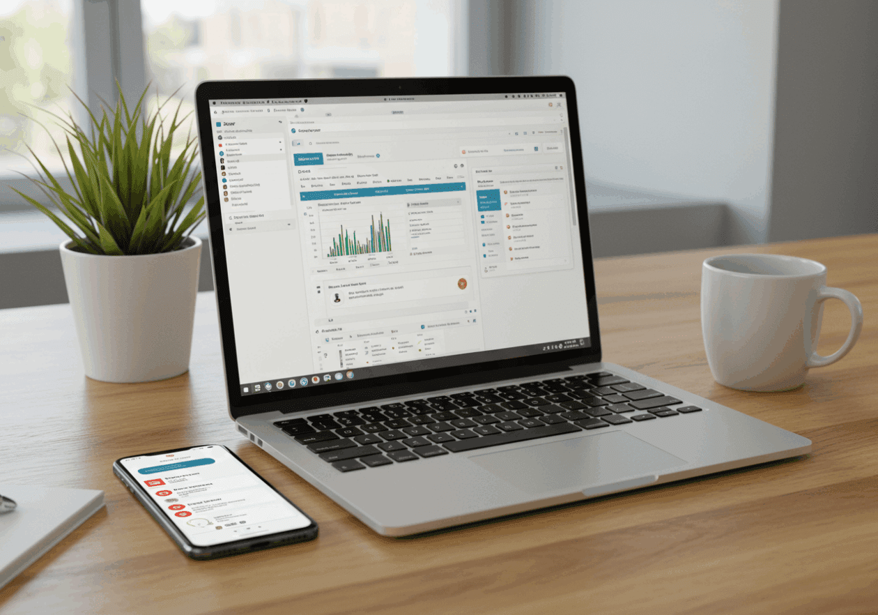 A contemporary office desk with a laptop showcasing the Zapier email parser interface, displaying parsed email data. A smartphone on the desk shows notifications of automated tasks, emphasizing the concept of inbox automation. The workspace is bright and minimalistic, featuring a potted plant and a coffee mug.