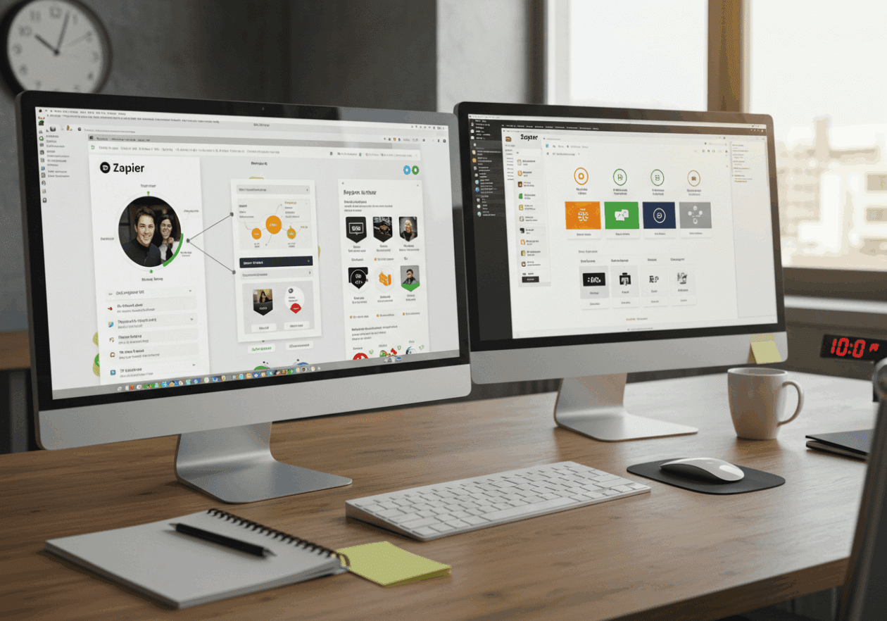 A modern office workspace with two computer screens showing different Zapier workflows: one screen displays a single trigger setup and the other illustrates a complex multi-step zap. A coffee cup and notepad sit on the desk, under warm natural light.