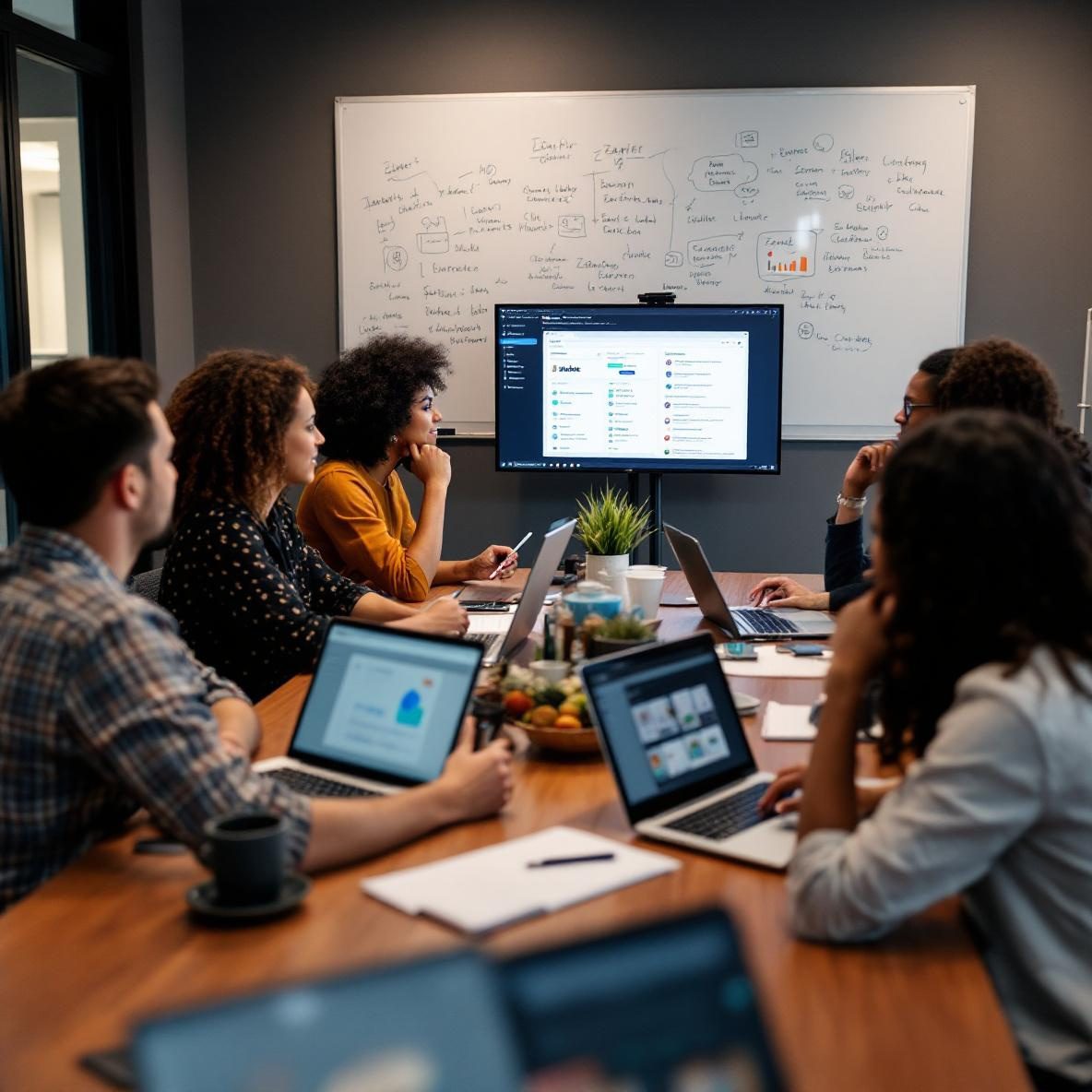 A diverse team in a modern conference room examines automation platforms Zapier and Make on laptops, discussing strategies and taking notes. The atmosphere is collaborative and focused on selecting the best tool for their needs.