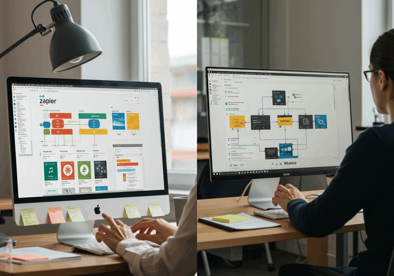 A side-by-side comparison of two office spaces showcasing workflow automation tools. On the left, a computer screen displays the Zapier interface with connected applications, while on the right, the Make interface highlights automation schematics. The setting is bright and modern, symbolizing productivity in digital workflow management.